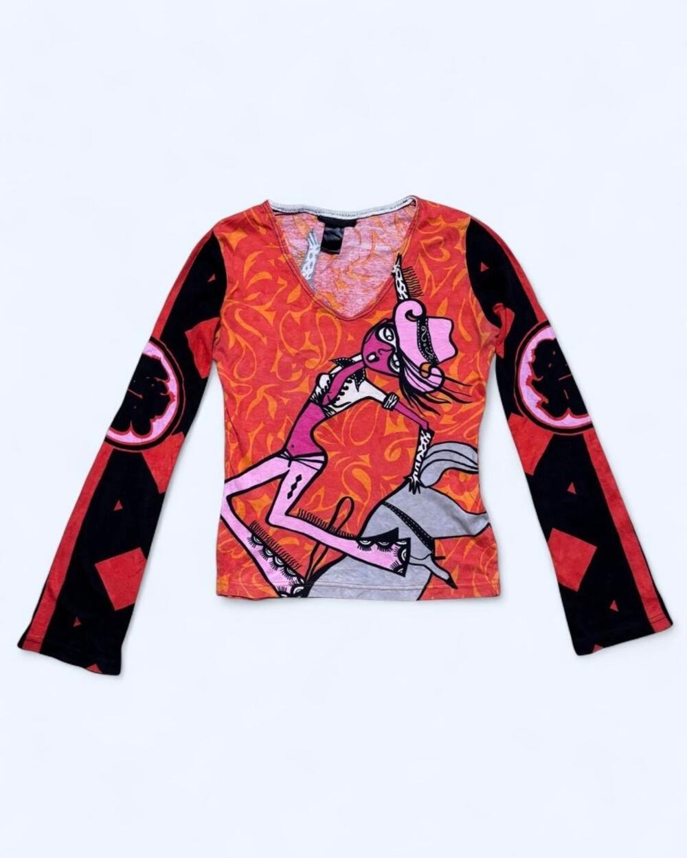 Vtg Y2K Custo Barcelona Orange Pink Cowgirl Print Long Bell Sleeve Graphic Top